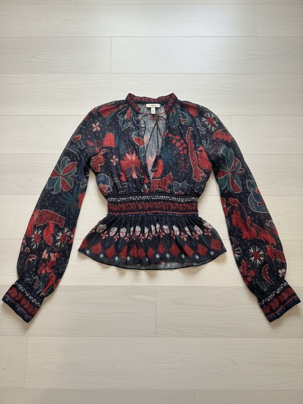 FARM Rio Black Red Floral Smocked Peplum Blouse NWT Boho Top
